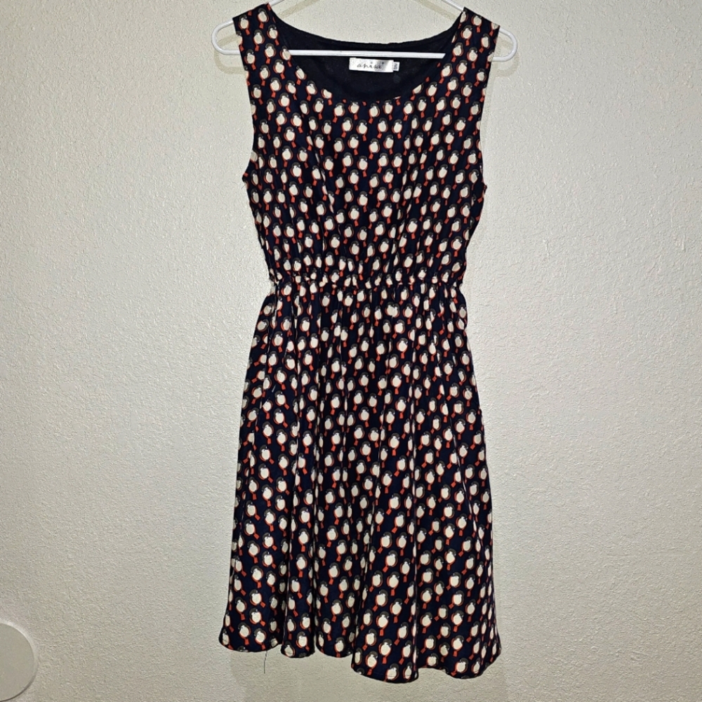 Casual Blue Bird Pattern Dress with Pockets sz S/M